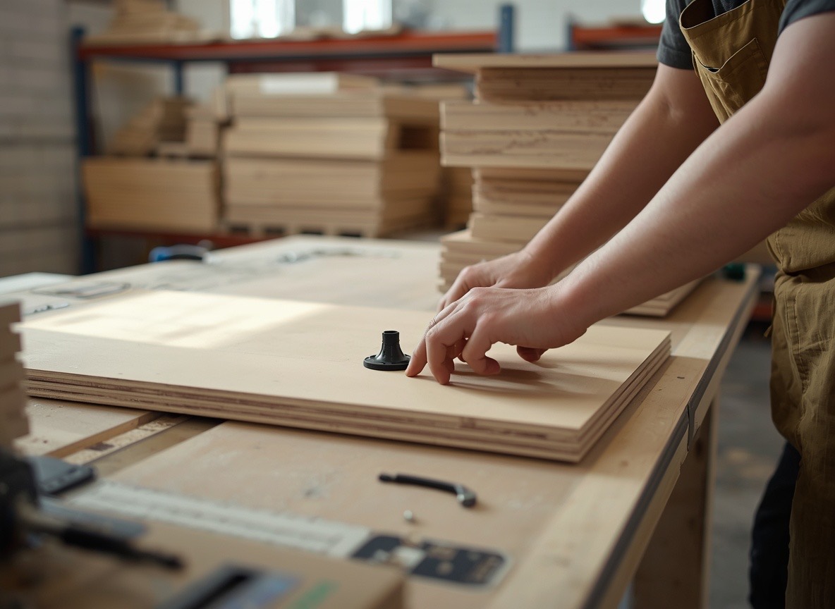 An operator seating a black steel fixing into a birch-ply panel on an assembly bench, finished panels racked behind.