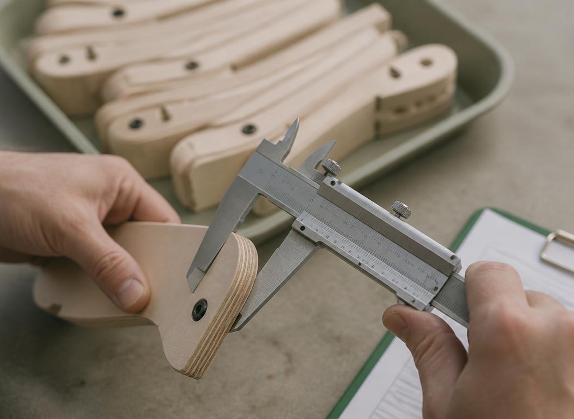 Vernier callipers measuring the edge of a finished birch-ply component, a tray of the same parts waiting behind.
