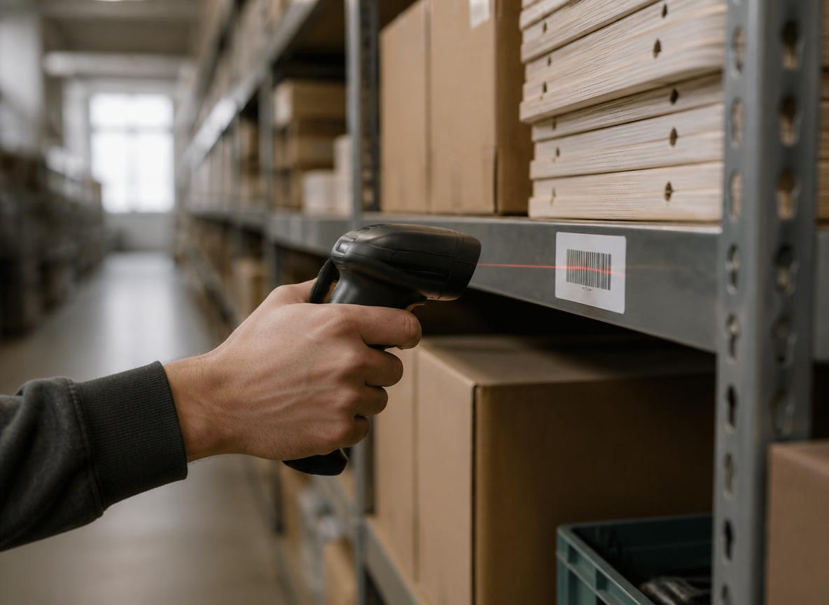 A handheld scanner reading a barcode label on a shelf edge, the warehouse aisle receding out of focus.