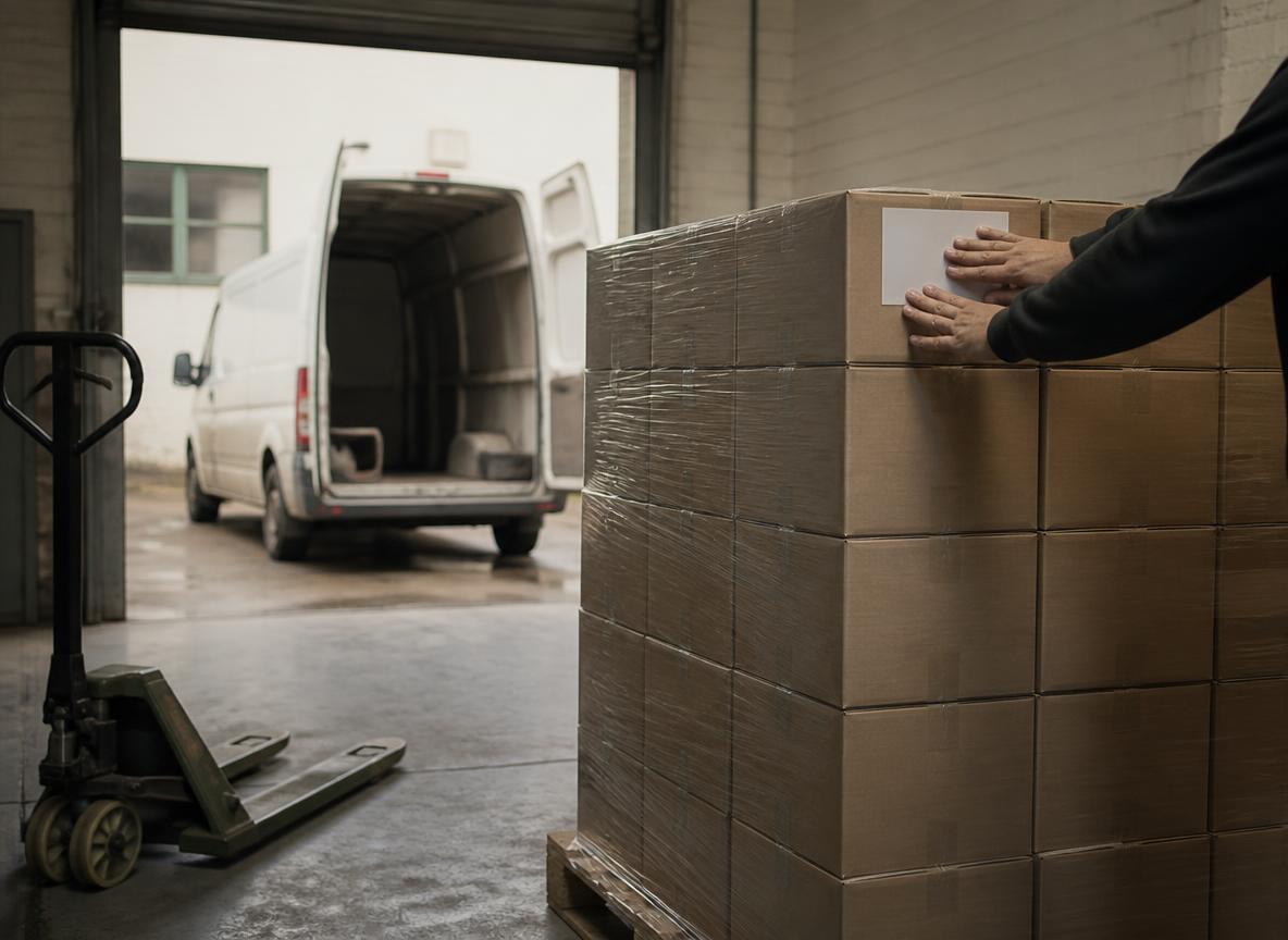 A shrink-wrapped pallet of cartons at an open loading door, a label going on, a van backed up to the bay.